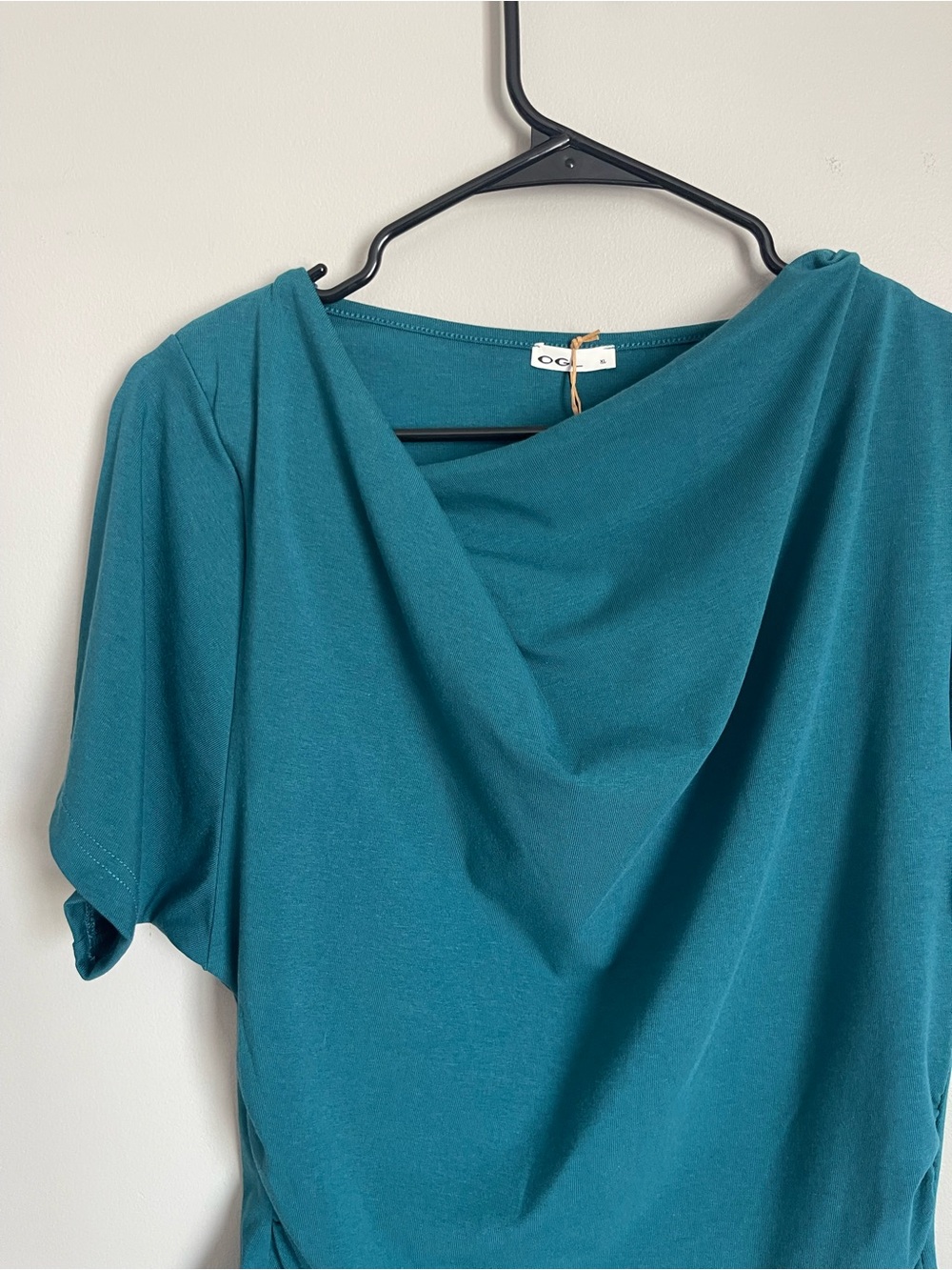 OGL | Teal Asymmetrical Cowl Neck Ruched Top Sz XL - Picture 6 of 11